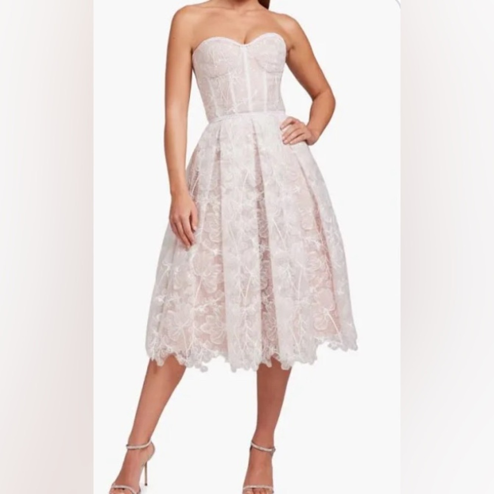 NADINE MERABI Strapless Lace Midi Dress in Blush and White